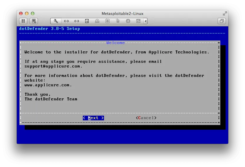 dotDefender Installation Screen | Metasploit Unleashed