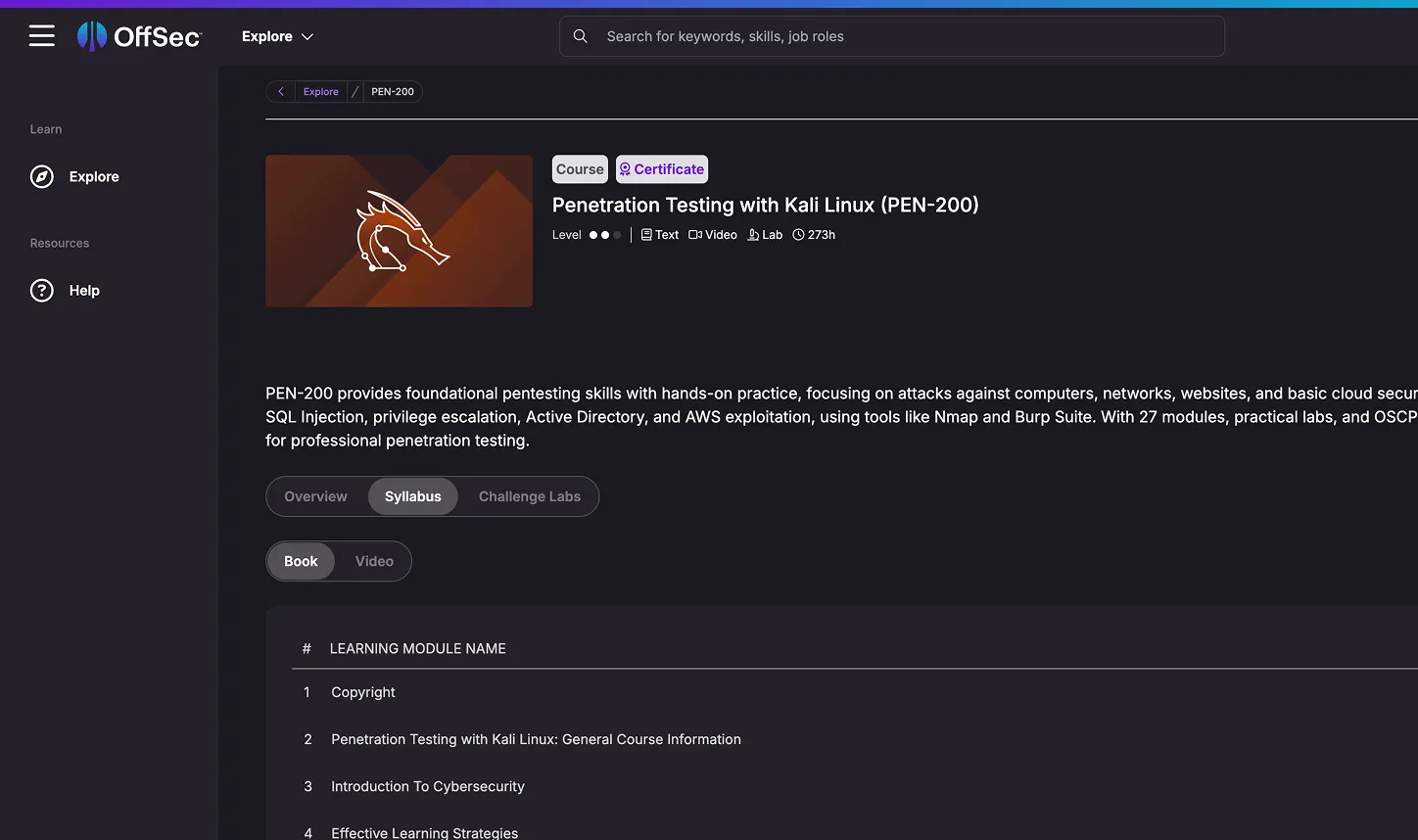 View of the PEN-200 syllabus in the OffSec portal