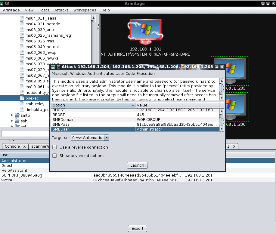 Armitage psexec config