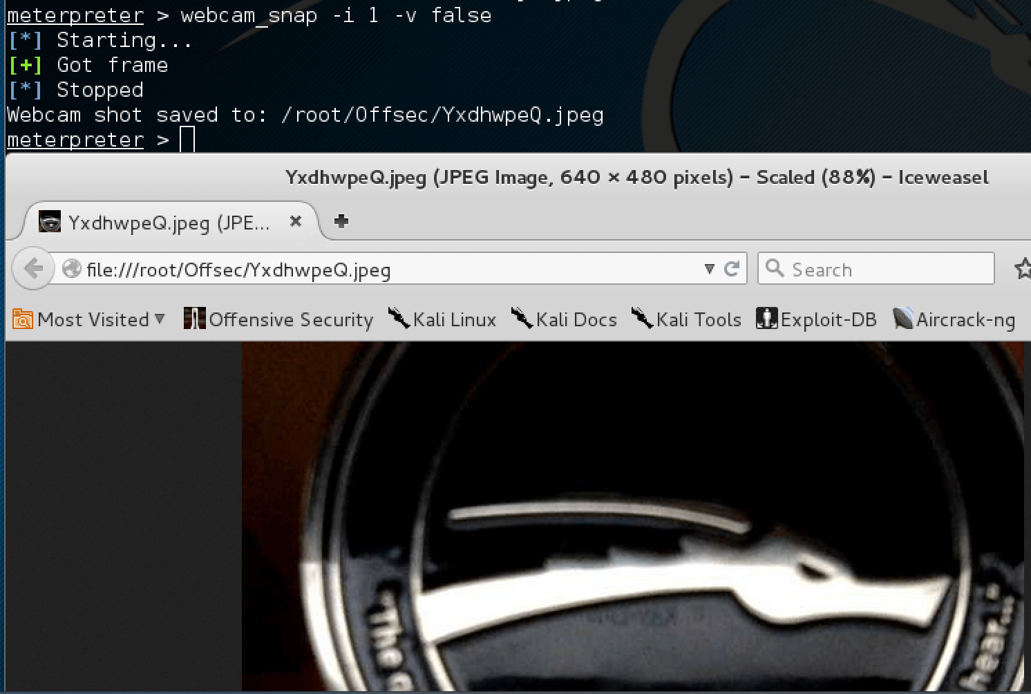 Using webcam_snap Meterpreter plugin | Metasploit Unleashed